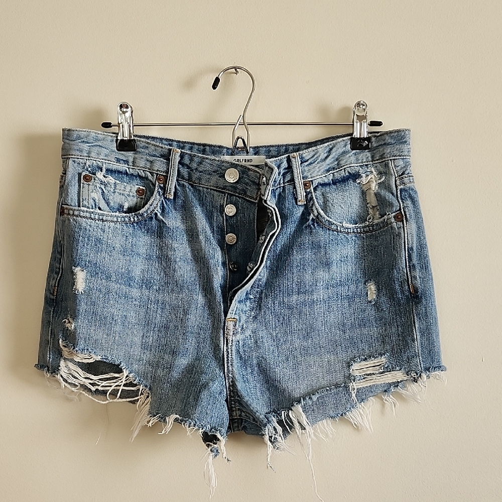 Grlfrnd Distressed Frayed Denim Shorts Light Medium Wash Button Fly Beach Summer